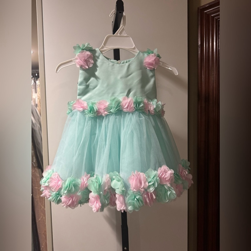 Handmade Floral Mint Green and Pink Kids dress with matching hat and shoes
